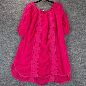 Puro Lino Dress Crochet Lace Trim OS Magenta Pink Women